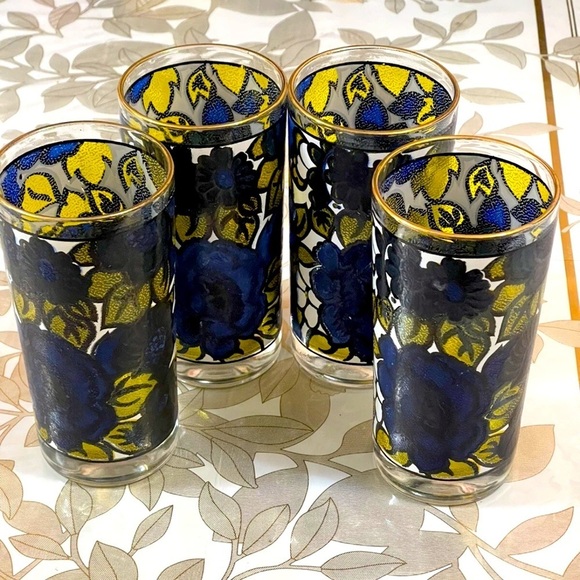 Other - Vintage Atlas Highball Glasses (4) CCC Hazel Mcm Colorful Stained Floral W/case